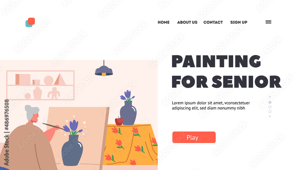 Fototapeta premium Painting for Senior Landing Page Template. Old Woman Artist Hold Paintbrush in Hand in Front of Canvas on Easel Drawing