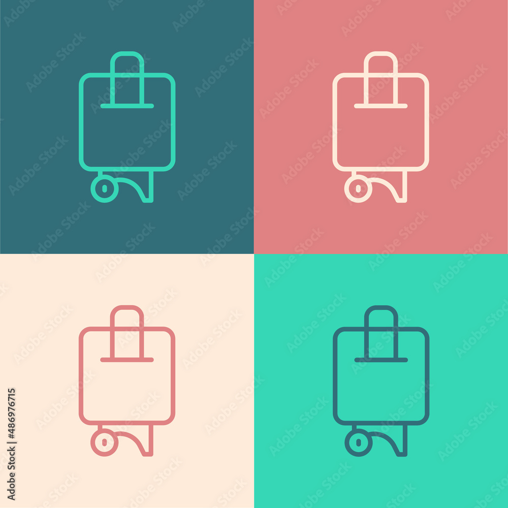 Pop art line Suitcase for travel icon isolated on color background. Traveling baggage sign. Travel luggage icon. Vector