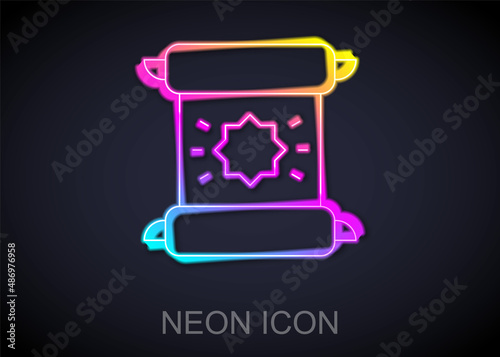 Glowing neon line Decree, paper, parchment, scroll icon icon isolated on black background. Vector