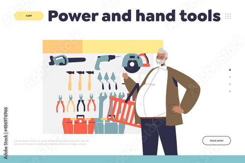 Power and hand tools concept of landing page with man in hardware store choosing equipment
