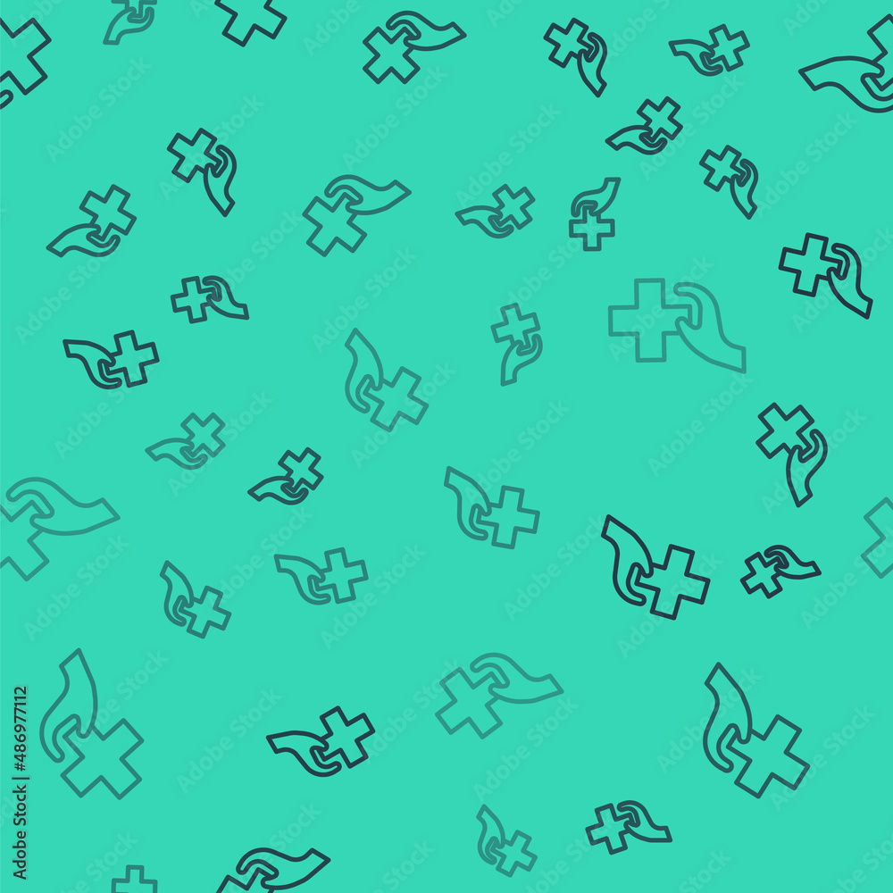 Obraz premium Black line Heart with a cross icon isolated seamless pattern on green background. First aid. Healthcare, medical and pharmacy sign. Vector