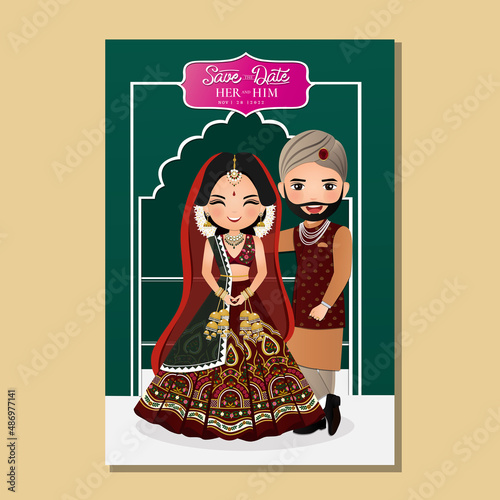 Cute couple in traditional indian dress cartoon character.Romantic wedding invitation card