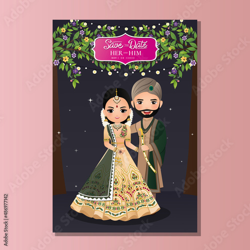 Cute couple in traditional indian dress cartoon character.Romantic wedding invitation card