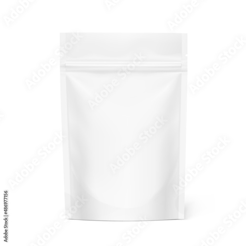 Realistic stand up pouch bag mockup isolated on white background. Vector illustration. Front view. Perfect to make final pack shot your product. EPS10.	