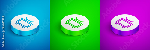 Isometric line Football soccer match on TV icon isolated on blue, green and purple background. Football online concept. White circle button. Vector