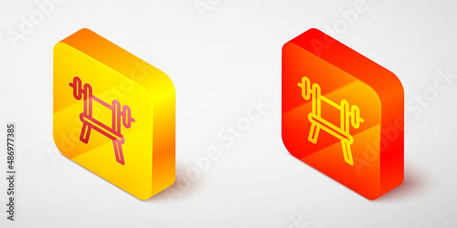 Isometric line Bench with barbell icon isolated on grey background. Gym equipment. Bodybuilding, powerlifting, fitness concept. Yellow and orange square button. Vector