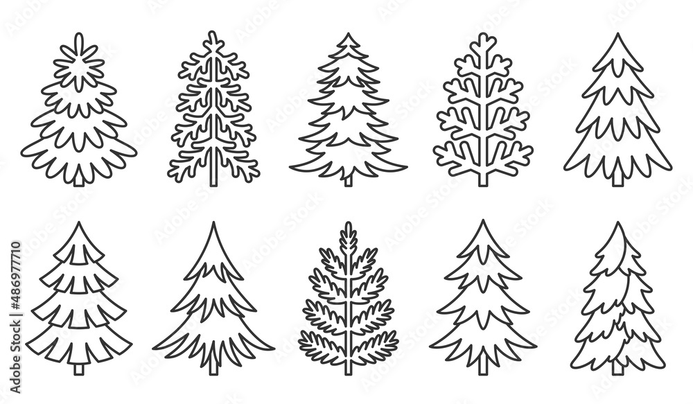 Obraz premium Christmas tree icon nature simple black line set. Holiday object linear pattern card sticker different shape. Forest evergreen sticker collage decor new year advertising elegant outline isolated white