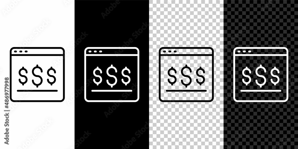 Set line Online shopping on screen icon isolated on black and white, transparent background. Concept e-commerce, e-business, online business marketing. Vector