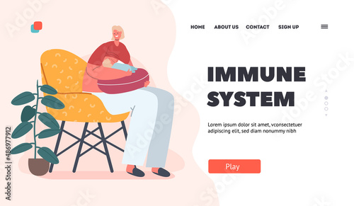Immune System, Breastfeeding Landing Page Template. Female Character Feeding Baby with Breast Using Special Pillow