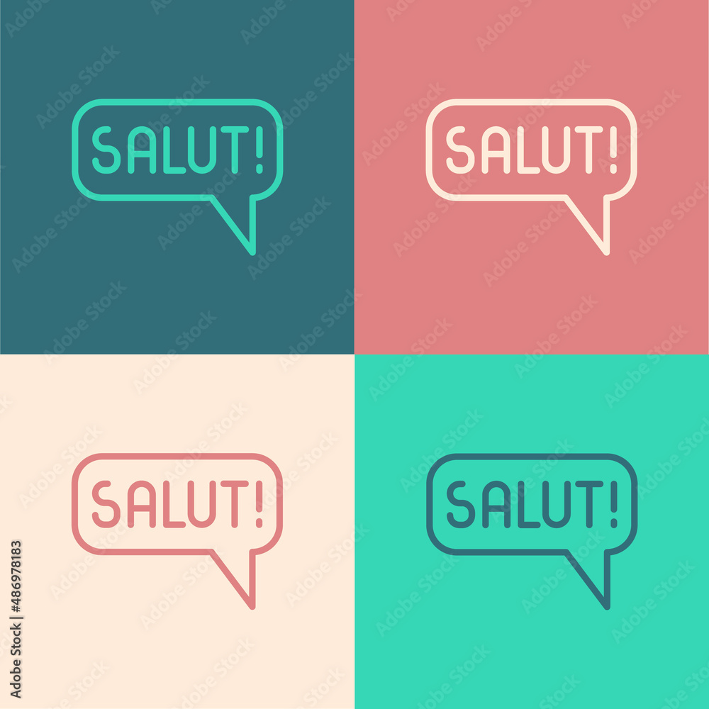 Pop art line Salut in different languages icon isolated on color background. Speech bubbles. Vector Pop art line Salut in different languages icon isolated on color background. Speech bubbles. Vector