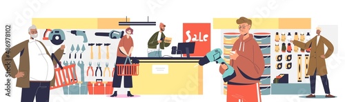 Hardware shop interior with people buying diy tools for renovation, construction and maintenance