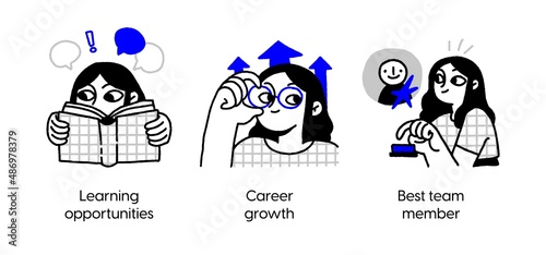 Employee Growth and Professional Development- set of business concept illustrations. Learning opportunities, career growth, best team member. Visual stories collection © stonepic