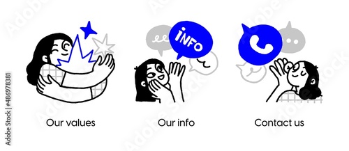 Company profile page - set of business concept illustrations. Our values, info, contacts. Visual stories collection