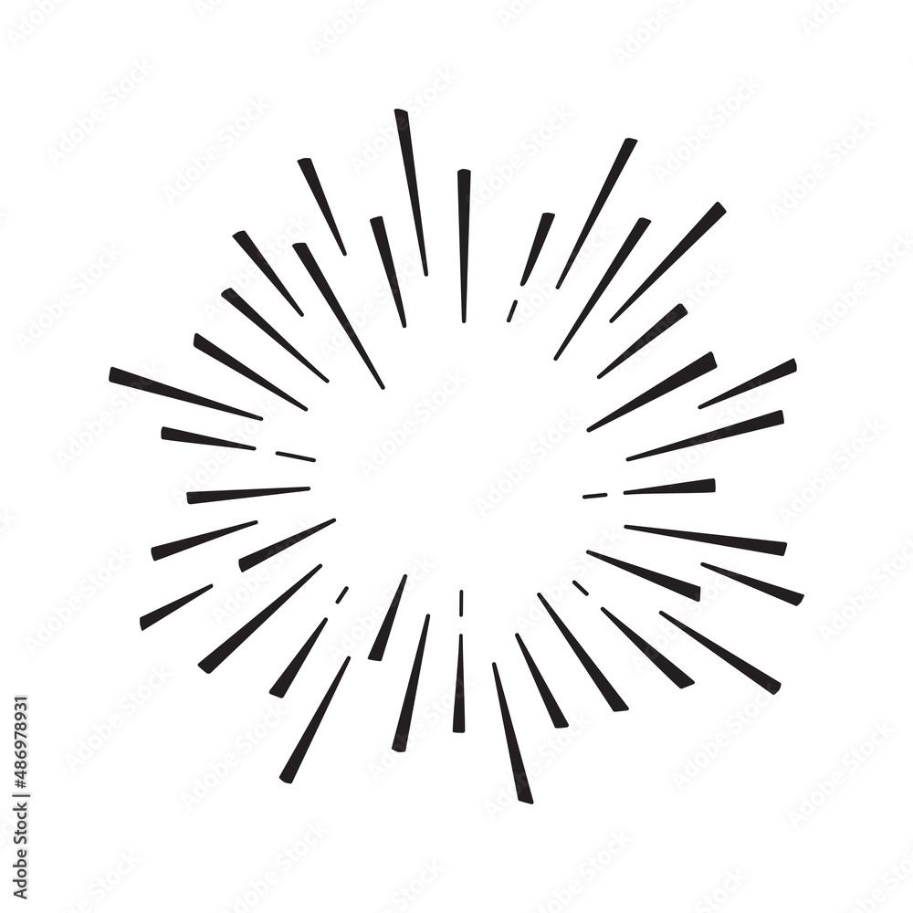 Burst line vector icon, sun drawn, vintage circle starburst, black doodle sunburst isolated on white background. Scribble illustration