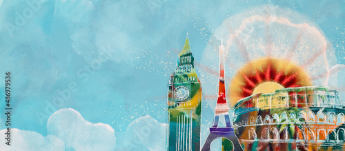 Photography European travels. Watercolor concept banner