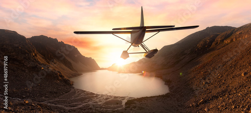 Seaplane Flying over the Glacier Lake and Mountains Landscape at sunset. Adventure Composite. 3D Rendering Airplane. Background Image from Whistler, British Columbia, Canada. photo