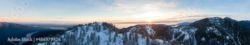 Aerial Panoramic View of Hollyburn Mountain during Winter Sunset. West Vancouver, British Columbia, Canada. Nature Background panorama photo