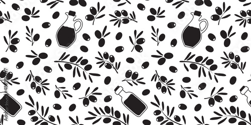 Olive seamless pattern vector hand drawn, mediterranean background, olive oil, twig and leaf branch. Black and white plant ptint. Food illustration