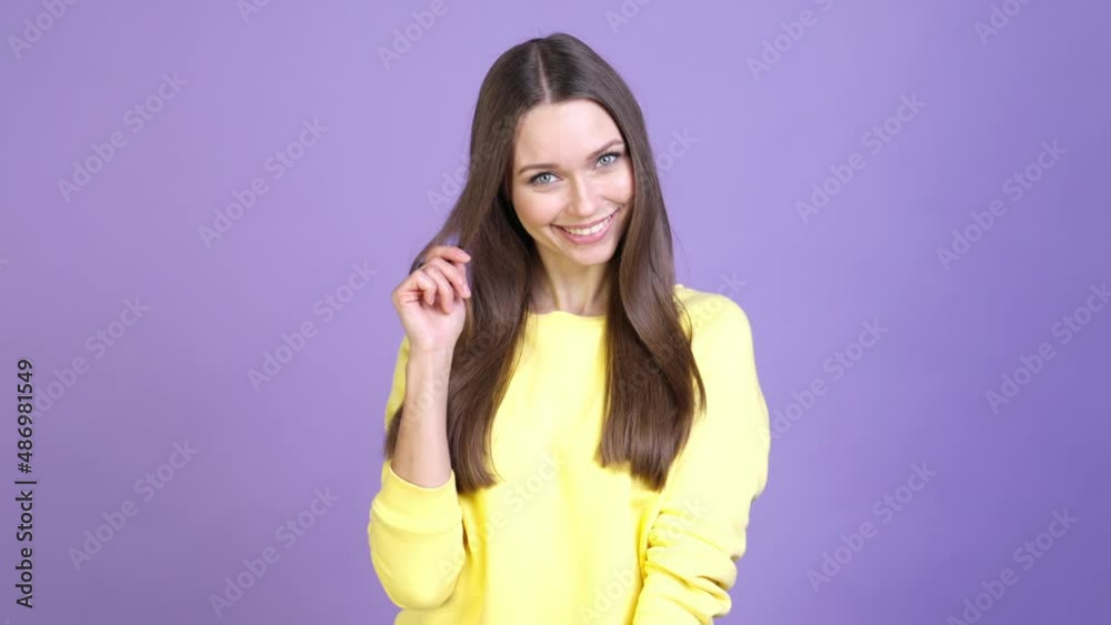 Nice lady feel timid meet boyfriend isolated shine color background Nice lady feel timid meet boyfriend isolated shine color background