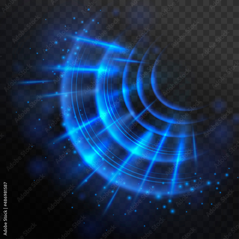 Magic blue rays. Brilliant blast wave. Fantastic light effect. Abstract sound wave, wi-fi signal