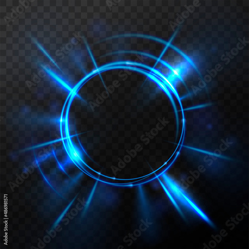 Bright blue flash. Explosion or blast wave. Rotating rings with shining rays