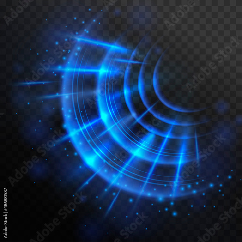 Magic blue rays. Brilliant blast wave. Fantastic light effect. Abstract sound wave, wi-fi signal