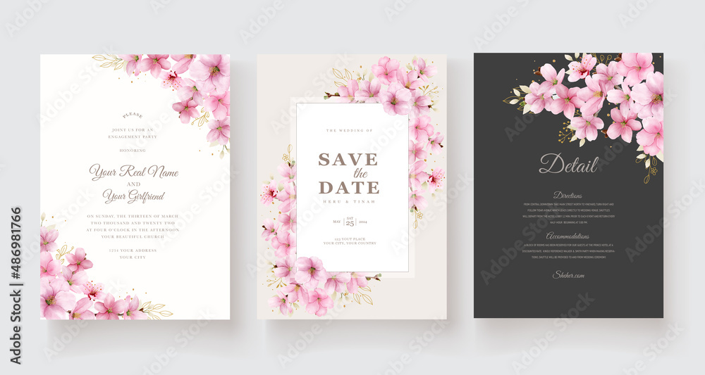beautiful watercolor cherry blossom wedding invitation card set