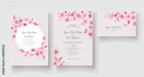 beautiful watercolor cherry blossom wedding invitation card set