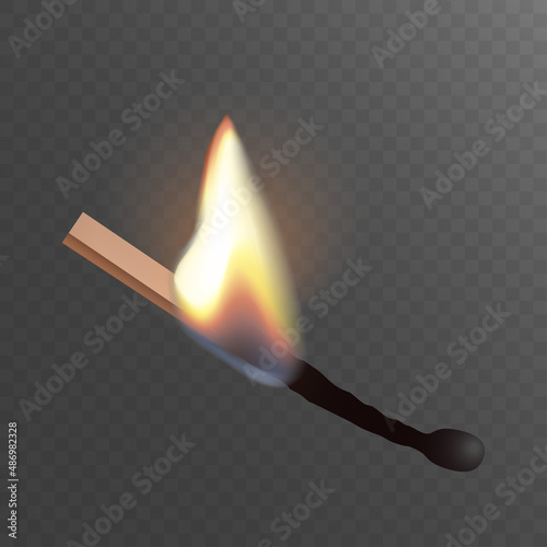 Realistic wooden burning matche stick and flame icon. Vector flat illustration. Design light for print, background, banner