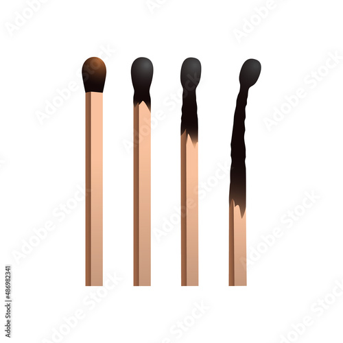 Realistic wood match sticks icon set isolated on white background. Different stages of burning matches. Vector illustration