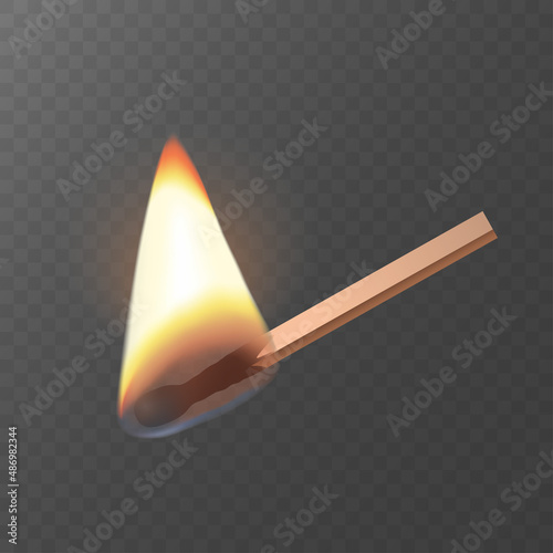 Realistic wooden burning matche stick and flame icon. Vector flat illustration. Design light for print, background, banner