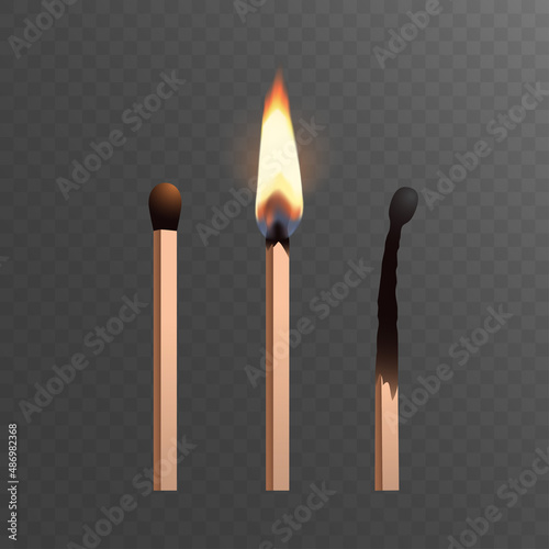 Set realistic wooden burning matches stick and flame icon. Vector flat illustration. Collection lights for design print, background, banner