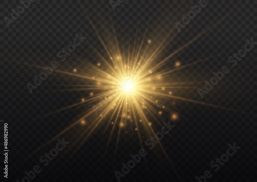 yellow light star, sun rays, golden sparks sparkle