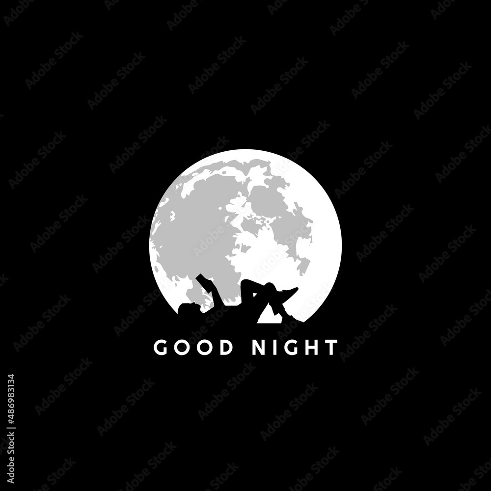 The concept of negative space logo with a full moon, good night, sleep tight, a man reading a book, and sweet dreams