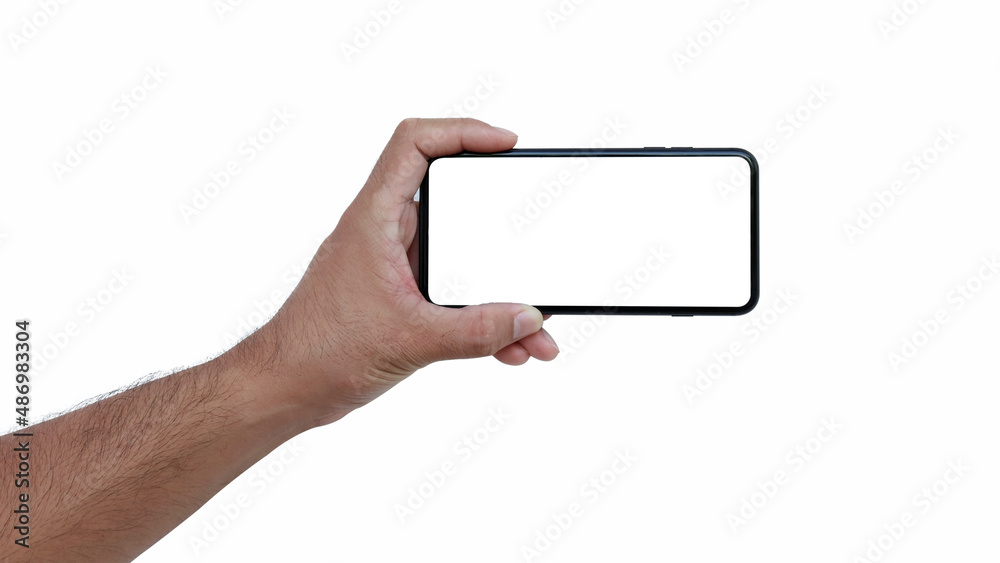 Smartphone with a blank screen in white hand isolated and copy space. Smartphone with a blank screen in white hand isolated and copy space.