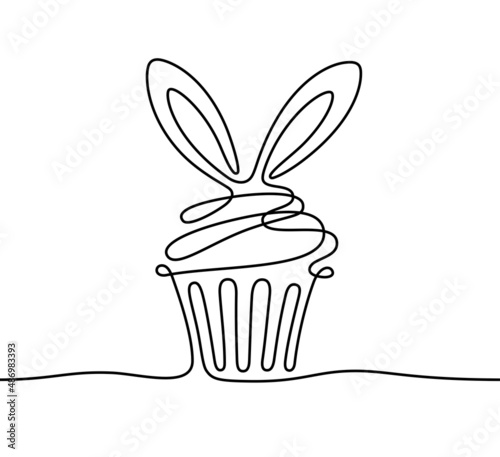 Continuous line drawing of Easter muffin, cupcake with funny rabbit ears on top. Vector outline illustration of sweet pastry, cake in cup. Hand drawn sketch of bakery dessert in single black contour