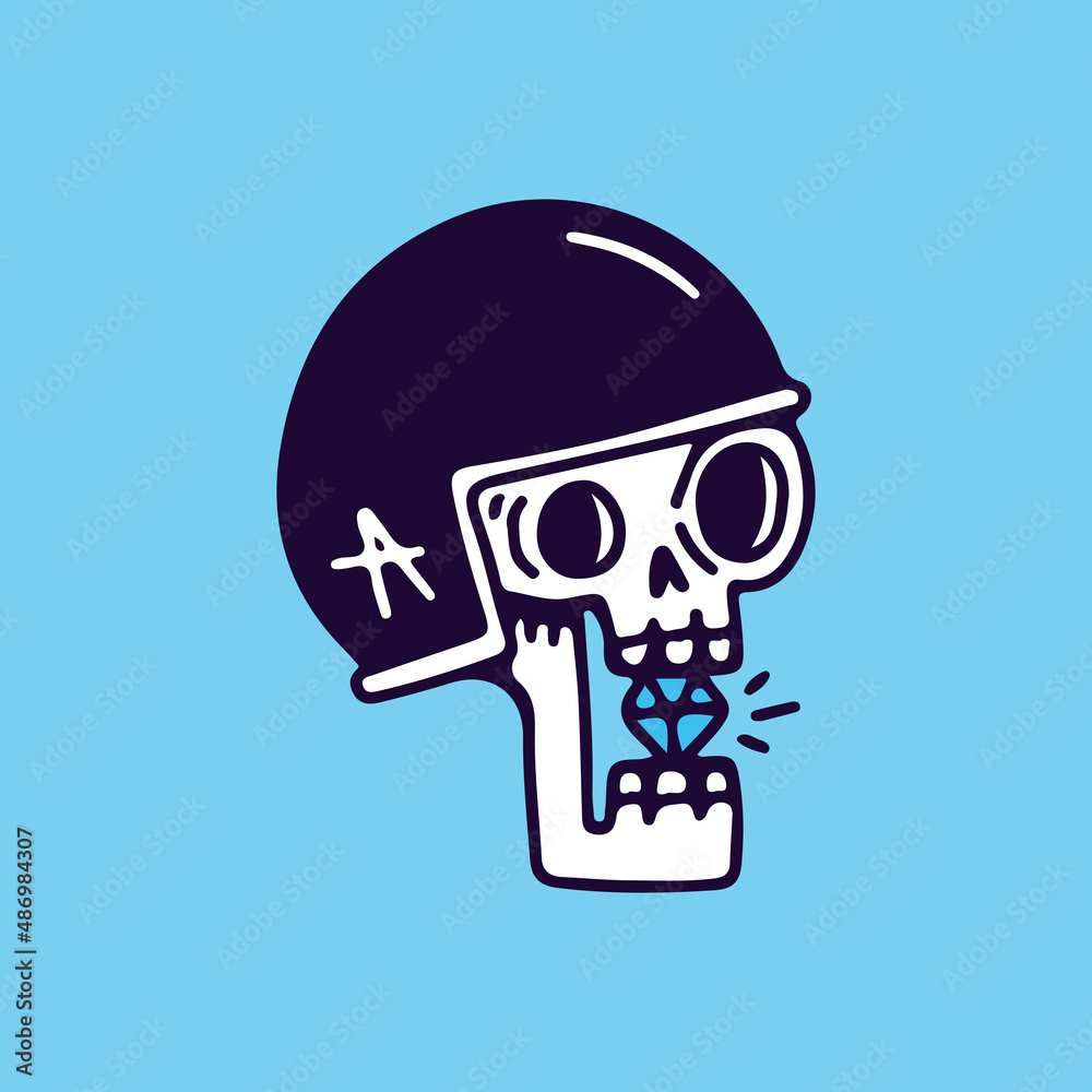 Skeleton wearing helmet and bite a diamond, illustration for t-shirt, sticker, or apparel merchandise. With doodle, soft pop, and cartoon style. Skeleton wearing helmet and bite a diamond, illustration for t-shirt, sticker, or apparel merchandise. With doodle, soft pop, and cartoon style.