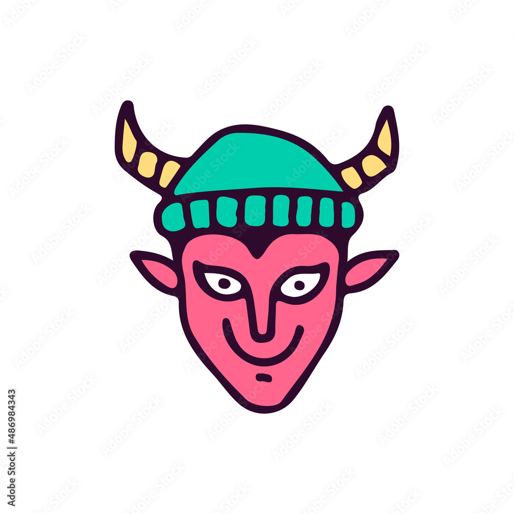 Devil head wearing beanie hat, illustration for t-shirt, sticker, or apparel merchandise. With doodle, soft pop, and cartoon style. Devil head wearing beanie hat, illustration for t-shirt, sticker, or apparel merchandise. With doodle, soft pop, and cartoon style.