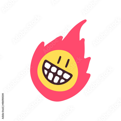 Smile face emoji and fire, illustration for t-shirt, sticker, or apparel merchandise. With doodle, soft pop, and cartoon style.