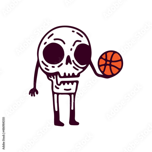 Skull head character with basketball, illustration for t-shirt, sticker, or apparel merchandise. With doodle, soft pop, and cartoon style.