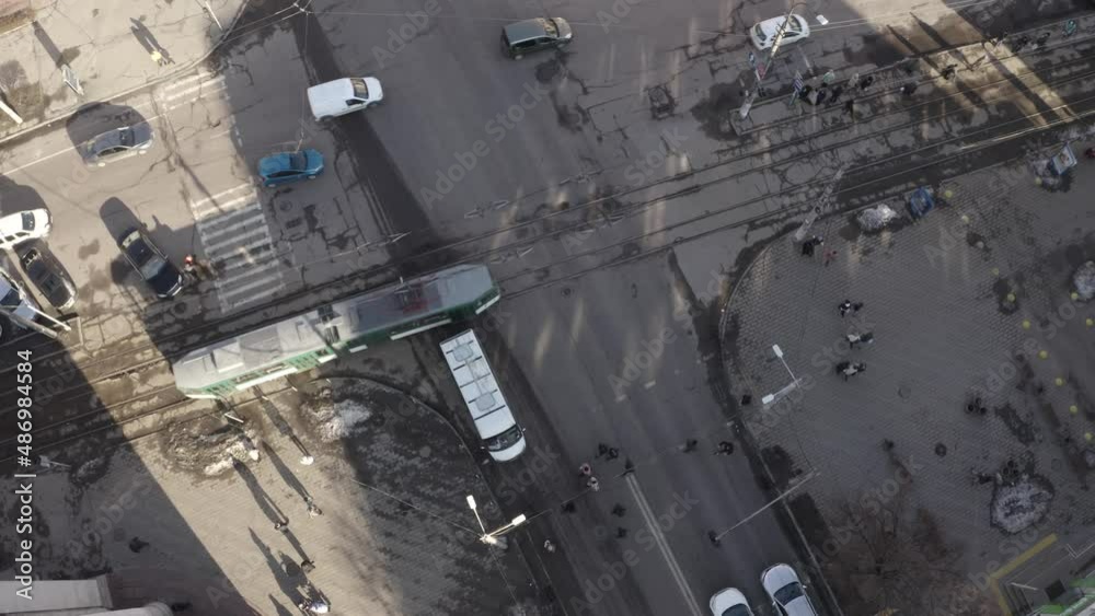Aerial View Of The City Tram Along The Street Of The City Of Zhytomyr Aerial View Of The City Tram Along The Street Of The City Of Zhytomyr