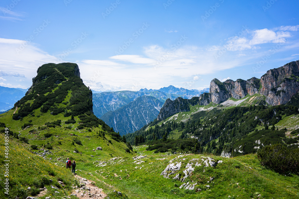Fototapeta premium Hikers are on tour at Karwendel Rofan Mountains at Achensee in Austria