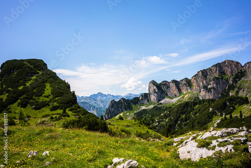 Hikers are on tour at Karwendel Rofan Mountains at Achensee in Austria