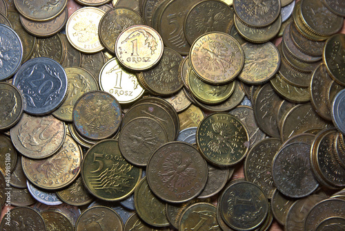 Gold-colored metal coins. Polish coins in close-up for background.