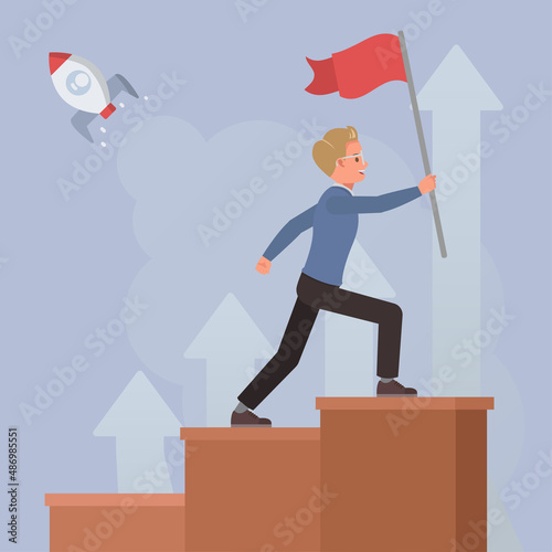 Businessman standing with red flag on podium, successful mission concept. people character vector design.