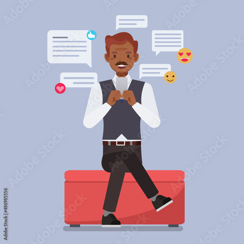 Businessman using mobile phone to comment and chatting on social media applications. people character vector design.