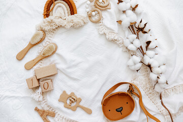 Still life background of cute newborn accessories on white background