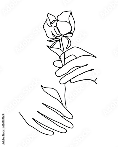 Continuous line drawing Hands holds a flower rose . One line trendy style. Hand drawn single line. Vector illustration.Template for Valentine's Day, romantic collection, print, wedding, invition, etc.
