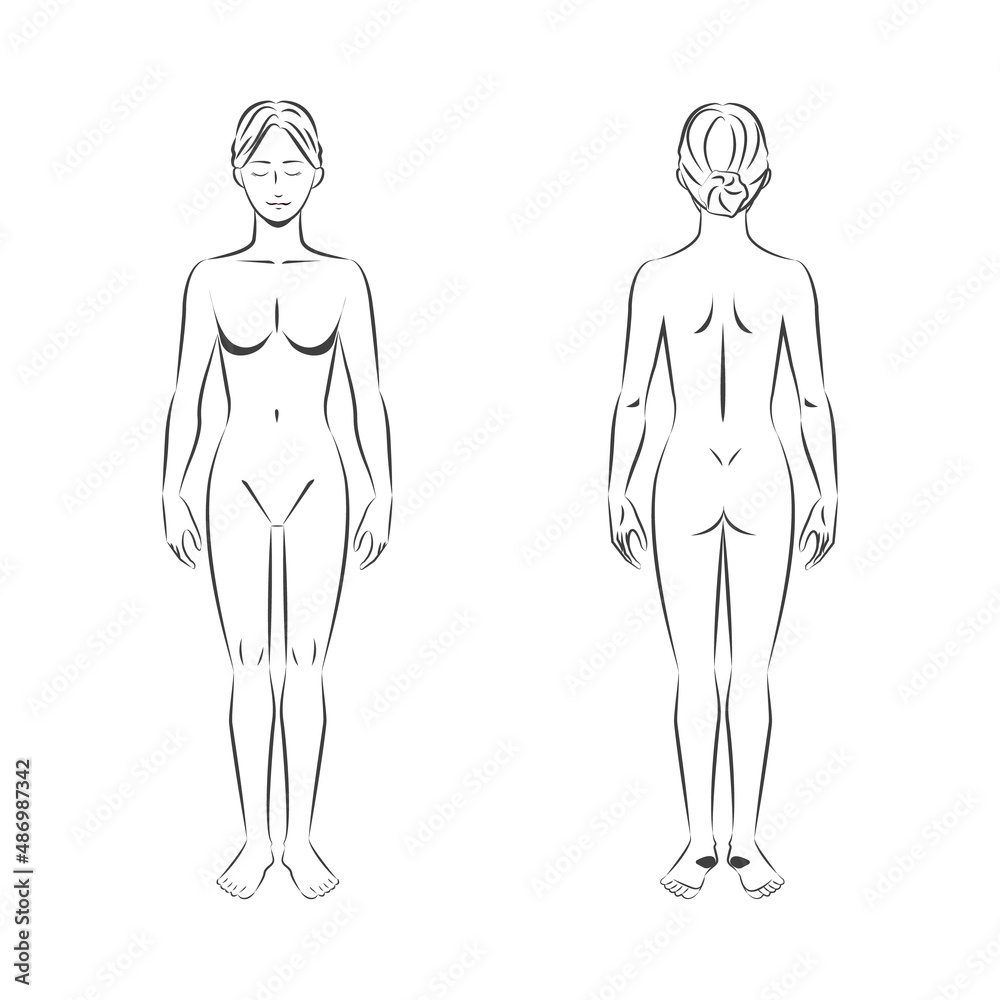 全裸の若いアジア人女性の筆タッチの全身の白バックのイメージイラスト図 Stock Gamesageddon