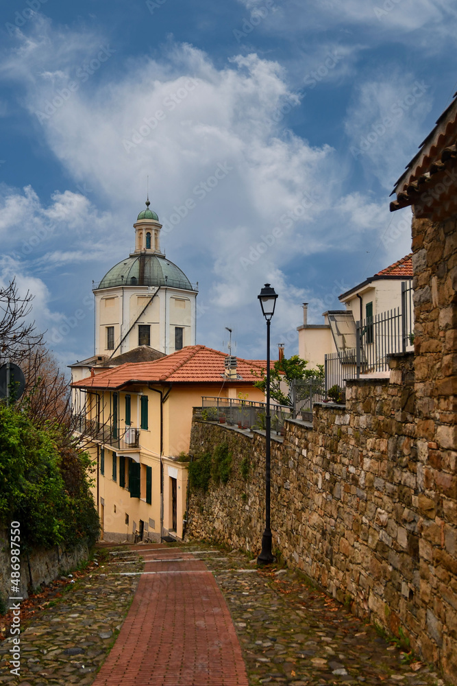 Fototapeta premium View of the dome of the Sanctuary of Madonna of the Coast from the old mule track leading to the hamlet of San Romolo, on the hill overlooking Sanremo, Imperia, Liguria, Italy